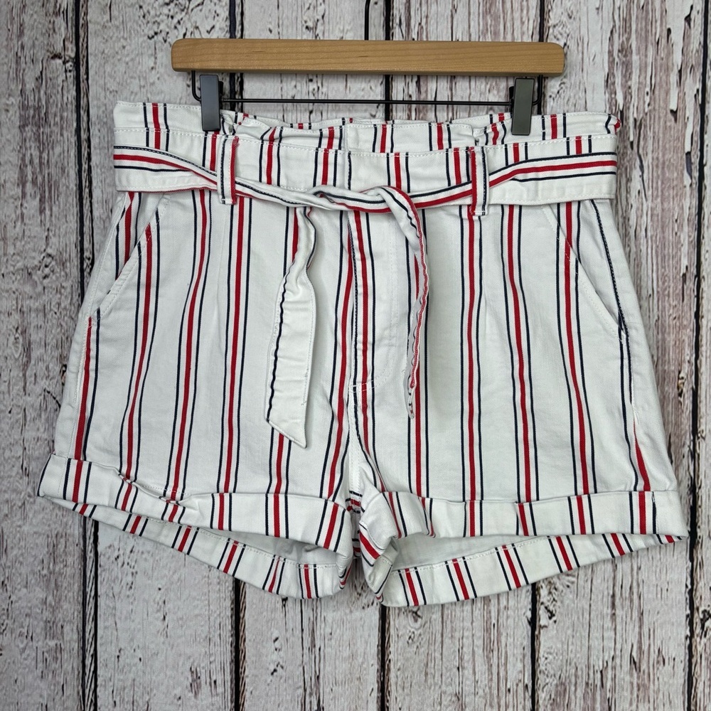 Express Extreme High Rise Shortie Shorts Tie Waistband Size 14 Red White‎ Navy